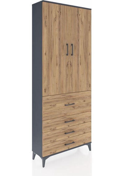 Arges Dolap 2 Raflı 4 Çekmeceli Tek Askılı 88x30x221 Antrasit-çam Antrasit
