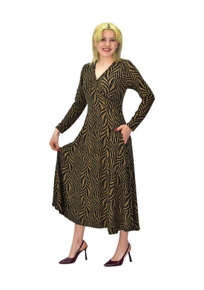 Kadın Viskon Zebra Desenli V Yaka Elbise Bgl-st03535 001