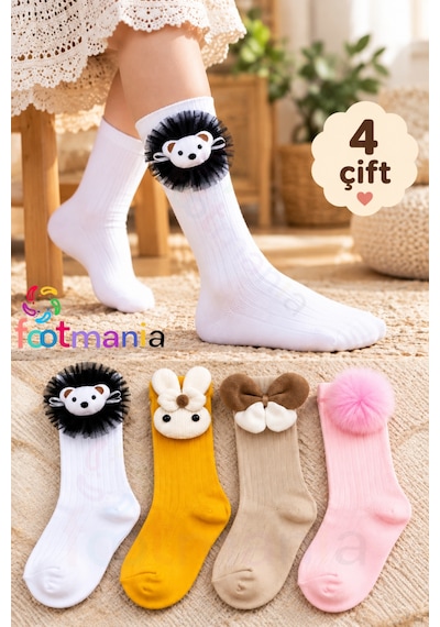 Footmania Sevimli Aksesuarlı Çocuk Çorap Seti 4 Çift Extra Yumuşak Pembe