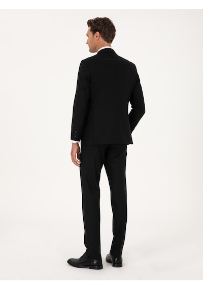 Cacharel Siyah Slim Fit Mikro Desenli Mono Yaka Yün Karışımlı Takım Elbise