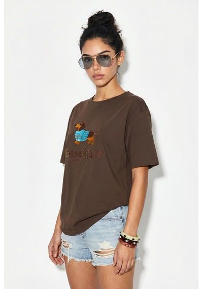 Shade Kadın Bisiklet Yaka Nakış Ve Boncuk İşlemeli Oversize T-shirt 2221 60286122 - Kahverengi