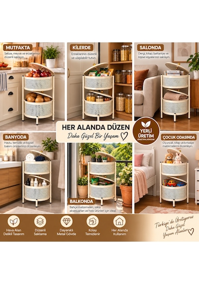 River World Tekerleksiz Rengi Krem Açılabilen 2 Katlı Çok Amaçlı Metal Raf Mutfak, Balkon, Kiler Çok Renkli