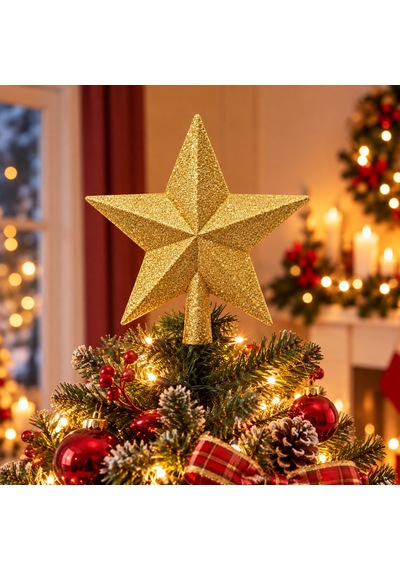 Bakgelal Lüks Yılbaşı Çam Ağacı Tepeliği - 15x15 Cm Işıltılı Simli Gold Altın Yıldız Ağaç Süsü - 9010245303515 Diğer