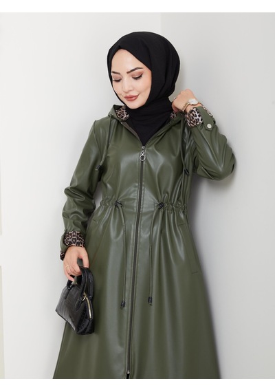 Hb Harma Time Butik Kadın Kapüşonlu Fermuarlı Şardonlu Deri Haki Kap