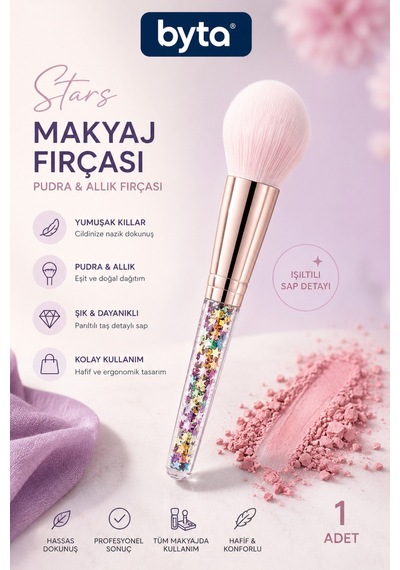 Stars Pudra Ve Allık Fırçası Yumuşak Kıllı Işıltılı Taşlı Saplı Makyaj Fırçası