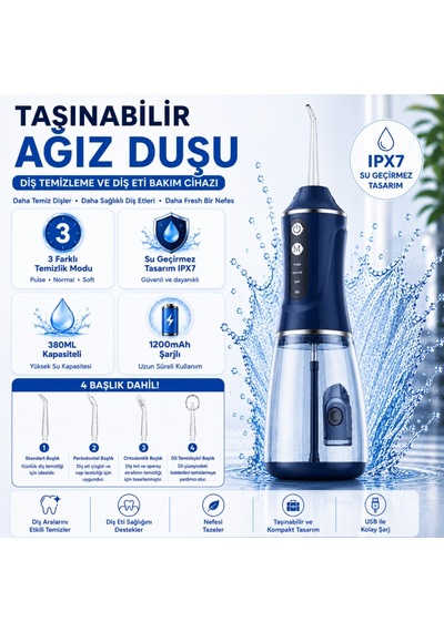 Polham Taşınabilir Şarjlı Ağız Duşu 380 Ml Diş Ve Diş Eti Bakım Cihazı ,1200 Mah, Ipx7 Su Geçirmez, 3 Temizlik Modlu, 4 Başlıklı
