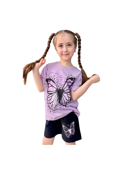 Riccotarz Kız Çocuk Kara Kalem Kelebek Baskılı Penye Lila T-shirt Şortlu Takım Lila