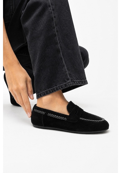 Luvi Shoes Francıs Siyah Süet Hakiki Deri Örgü Detaylı Kadın Loafer Ayakkabı