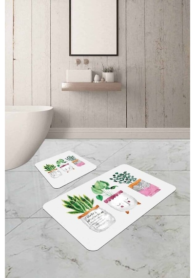 Yeşil Kaktüslü Banyo Halısı Klozet Takımı Paspas Seti Bs242n11