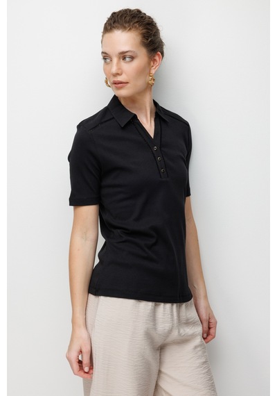 Kadın Polo Yaka İğne İşlemeli Pamuklu Penye T-shirt Siyah Siyah