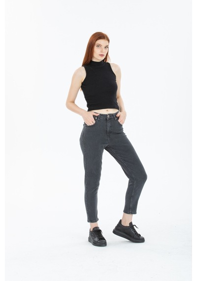 Kadın Antrasit Yüksek Bel Yumuşak Dokunuşlu Rahat Kesim Mom Jeans Kot Pantolon Antrasit