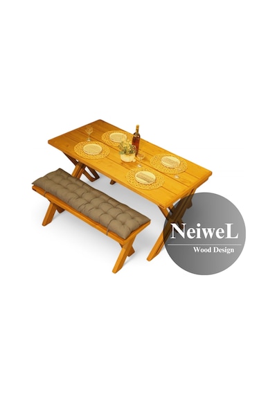 Neiwel Garden Sean Doğal Ahşap Banklı Bahçe Masa Takımı-70-120 Takım Açık Ceviz