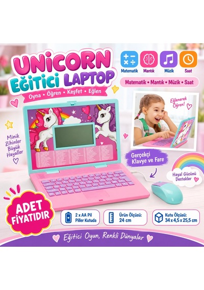 Eğlenceli Sesli Unicorn İngilizce Türkçe Laptop Çok Renkli