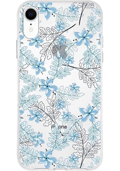 Apple Uyumlu iPhone Xr  Kapak Floral Mavi Tasarımlı Şeffaf Silikon Kılıf