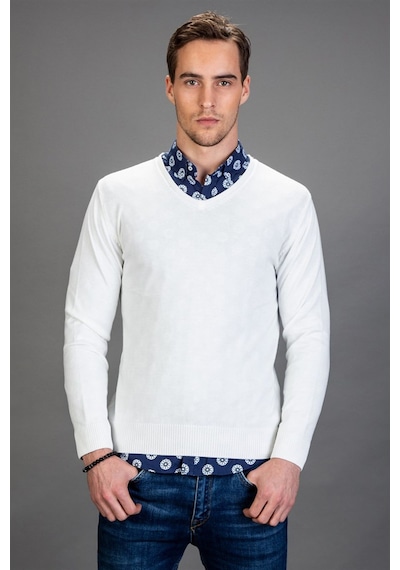 Tudors Slim Fit Dar Kesim V Yaka Pamuklu Erkek Kazak-14376 Beyaz