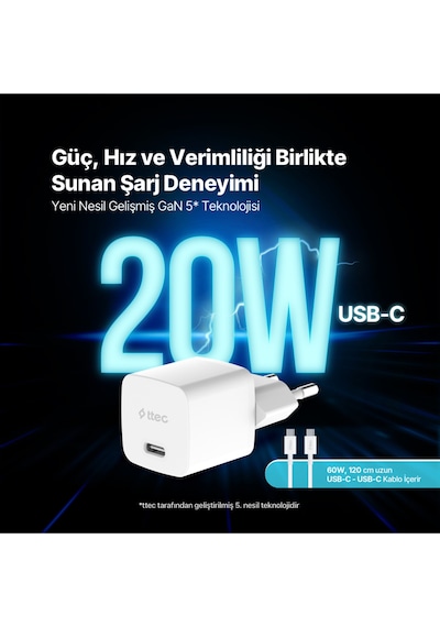 Ttec 2SCG20CB Smartcharger Gan 20W PD Seyahat Hızlı Şarj Aleti + USB-C - USB-C 60W Kablo