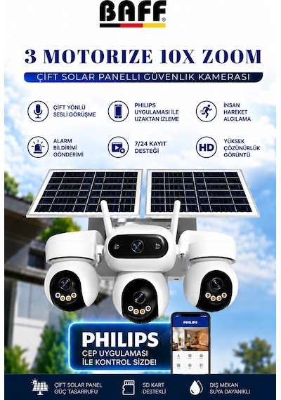 SIM-5874 Çift Solar Panelli 4G SIM Kartlı 3 Lensli PTZ Akıllı Dış Mekan Güvenlik Kamerası HD IP Kamera + 128 GB Hafıza Kartı Dahil