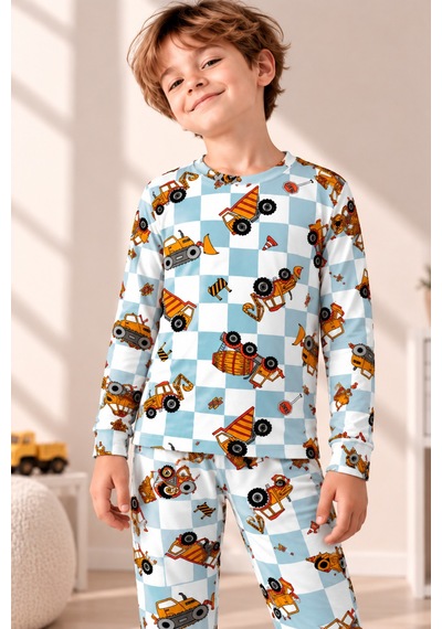 Free Beka Desenli Bisiklet Yaka %100 Pamuklu İnterlok Kumaş Erkek Çocuk Uzun Kollu Pijama Takımı Turkuaz