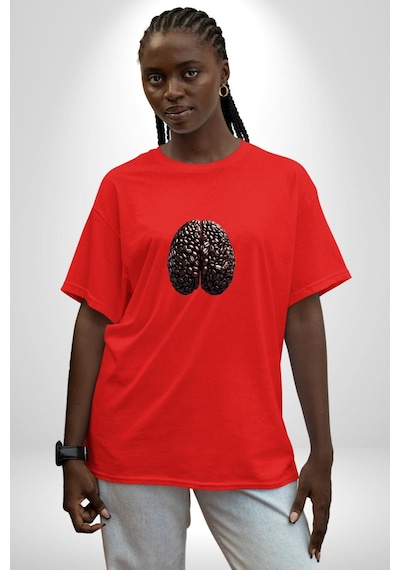 Kuru Kahve Çekirdeği Beyin Pamuklu Bisiklet Yaka Unisex Oversize Boyfriend Dijital Baskılı Kırmızı T-shirt Kırmızı