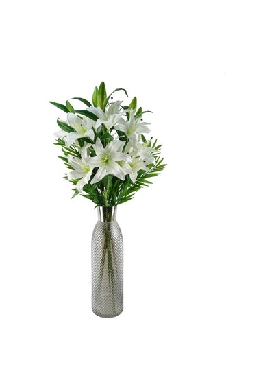 Yapay Çiçek Beyaz Lilyum 3 Kafalı Uzun Dal Çiçek Zambak Lily Flowers 80cm