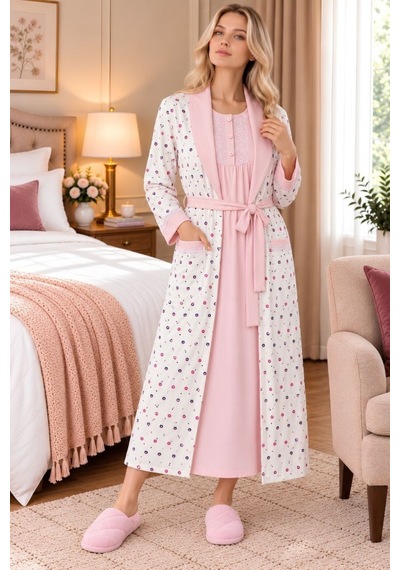 Mecit Pijama Mecit 6414 Pembe Kadın Büyük Beden Uzun Sabahlıklı Gecelik Takım