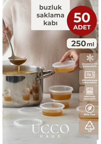50 Adet 250 Ml Sızdırmaz Kapaklı Sosluk Buzluk Saklama Kabı, Et Suyu, Kemik Suyu Mutfak Organizeri Şeffaf