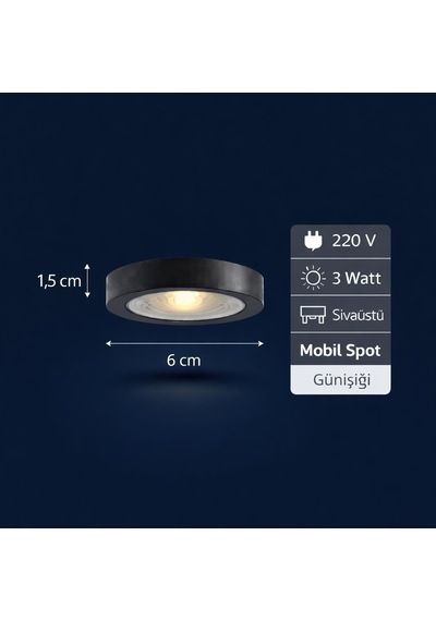 3w Led Sıva Üstü Mini Spot 220v Günışığı 6 Cm Mobil Raf & Dolap Aydınlatma Siyah