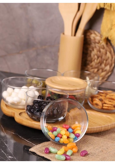 Bambum Duo 300ml 7'li Dönen Servisli Bambu Silikonlu Kapaklı Hava Aldırmaz Cam Kahvaltılık