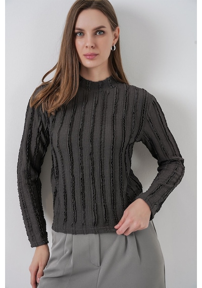 Hiccup Bdart Dokulu Slim Fit Dik Yaka Bluz Kömür Grisi