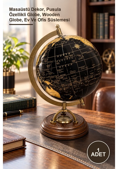 1 Adet Ahşap Pusulalı Dekoratif Dünya Küre Masaüstü Dekor, Pusula Özellikli Globe, Wooden Globe, Ev Ve Ofis Süslemesi