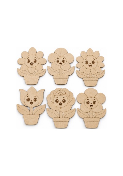 Çocuklar İçin Ahşap Çiçek Boyama Seti 6 Desen 17 Cm Mdf
