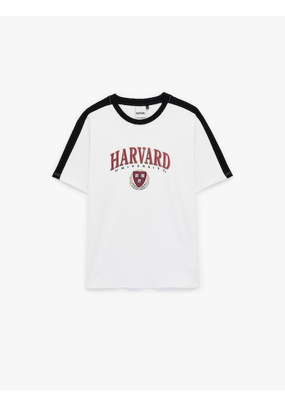 Koton Regular Fit Kısa Kollu Renk Kontrastlı Bisiklet Yaka Baskılı Harvard Lisanslı Tişört Beyaz 6sam10035mk Beyaz