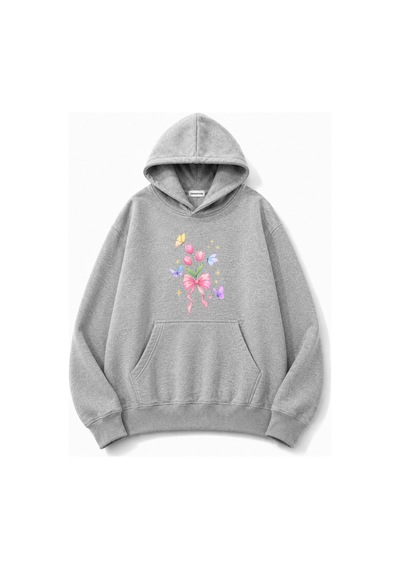 Herkesemoda Lale Çiçek Baskılı Kapüşonlu 2 İplik Şardonlu Sweatshirt Gri