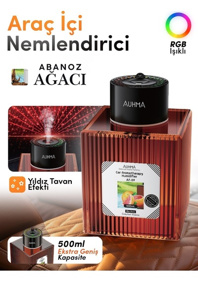 Auhma Af-09 Araç İçi Hava Nemlendirici & Koku Makinesi Ebony Esansı 500ml Aromaterapi Difüzör + Rgb Işıklı