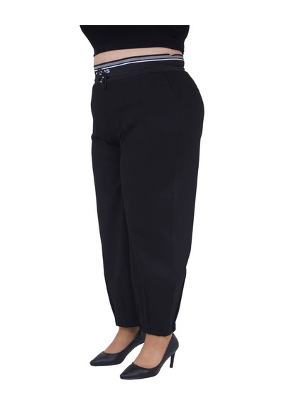 Büyük Beden Kadın Mom Fit Ekstra Battal Beli Lastikli Yüksek Bel Pantolon Siyah