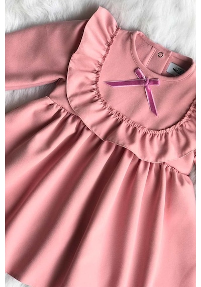 Fırfır Ve Kurdele Detaylı Tasarım Krep Pudra Pembe Kız Çocuk Bebek Elbise 001