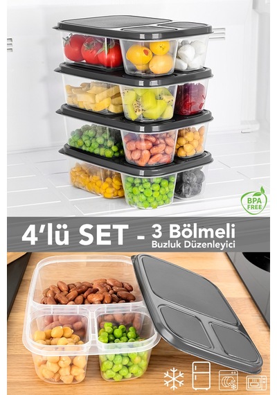 4'lü Dikdörtgen 3 Bölmeli Saklama Kabı - Mikrodalga Ve Difrize Uygun Buzdolabı Organizer Difriz Kabı Şeffaf