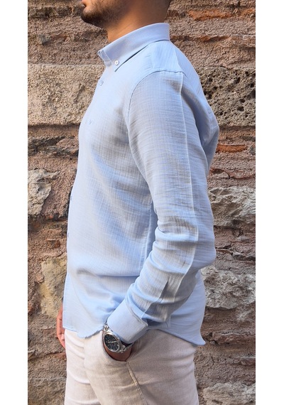 Slim Fit Uzun Kol Müslin Pamuk Rahat Nefes Alabilen Kumaştan Yaka Düğmeli Hediye Kutulu Erkek Gömlek Fs-004202 - Açık Mavi-2870 Açık Mavi