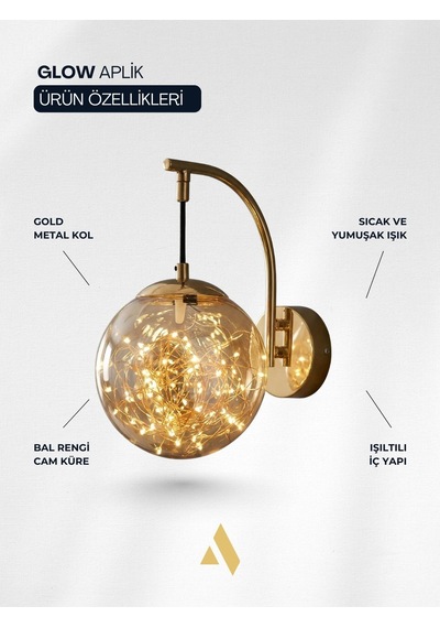 Glow Cam Peri Led Aplik Gold & Gümüş Gövde, Dekoratif Duvar Aydınlatma Gold