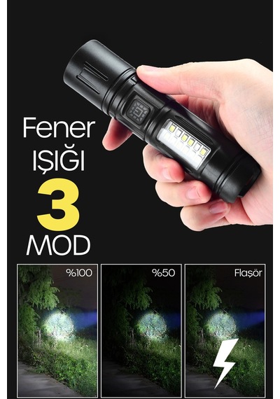 7 Mod Şarjlı El Feneri Zoomlu Type-c Cob Led Lamba Acil Durum Işığı 4228 Siyah