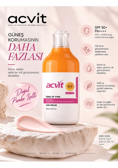 Acvit Tone Up Yeni Nesil Pembe Ton Eşitleyici Güneş Kremi SPF50+ Pa++++ 100 ML