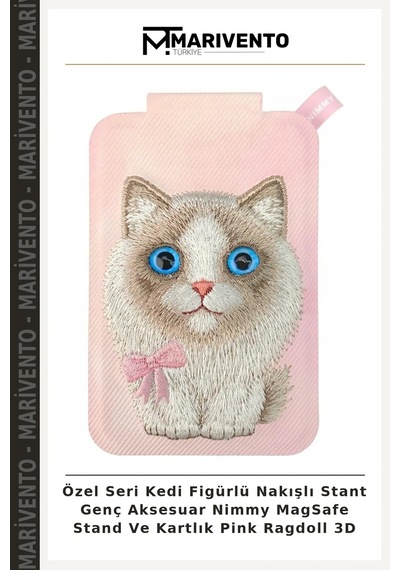 Özel Seri Kedi Figürlü Nakışlı Stant Genç Aksesuar Nimmy Magsafe Stand Ve Kartlık Pink Ragdoll 3d