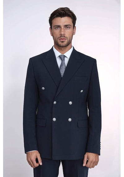Gümüş Renk Metal Düğmeli Slim Fit Kruvaze Lacivert Erkek Takım Elbise Wessi Lacivert