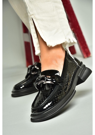 Fox Shoes U704137508 Siyah Rugan Loafer Makosen Kadın Ayakkabı Siyah