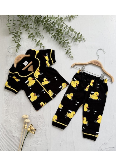 Ördek Baskılı Yazlık Pijama Takımı -1162 Siyah