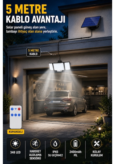 348 Led Solar Duvar Lambası, Güneş Enerjili Dış Mekan Aydınlatma, 5 Metre Kablolu Solar Panel, Hareket Sensörlü, Kumandalı, Ip65 Su Geçirmez Beyaz