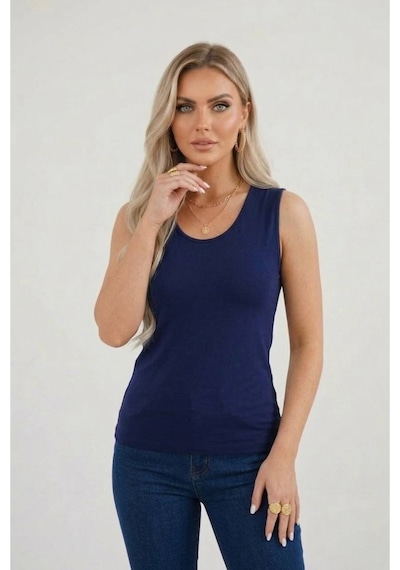 Hashtag Kadın Prenses Yaka Sıfır Kol Body Günlük Viskon Kumaş Lacivert