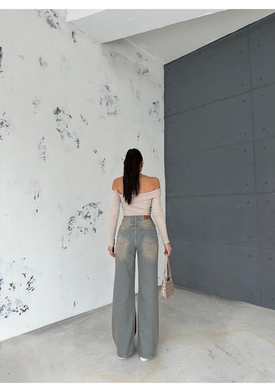Zeo Basic Denim Baggy Pantolon Yandan Çapraz Dikişli Bej Tintli Bej