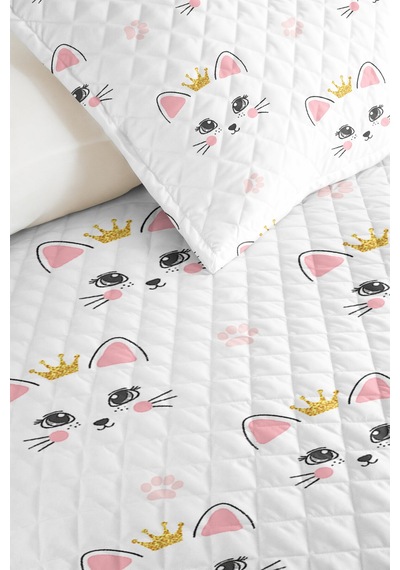 Evimde Bambaşka Kedi Beyaz Kız Çocuk Pike Takımı - Sevimli Minimal Pembe Altın Bebek Odası Yatak Örtüsü - 160x220  CM