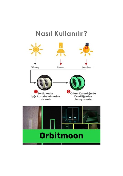 Premium Kendinden Yapışkanlı Fosforlu Karanlıkta Işık Veren Yeşil Şerit 4 Metre Reflektör Bant